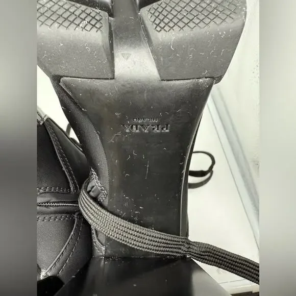 Prada Black Leather/ Re-Nylon Metal Triangle Logo 110mm Ankle Boots EU 38.5 - Picture 14 of 15